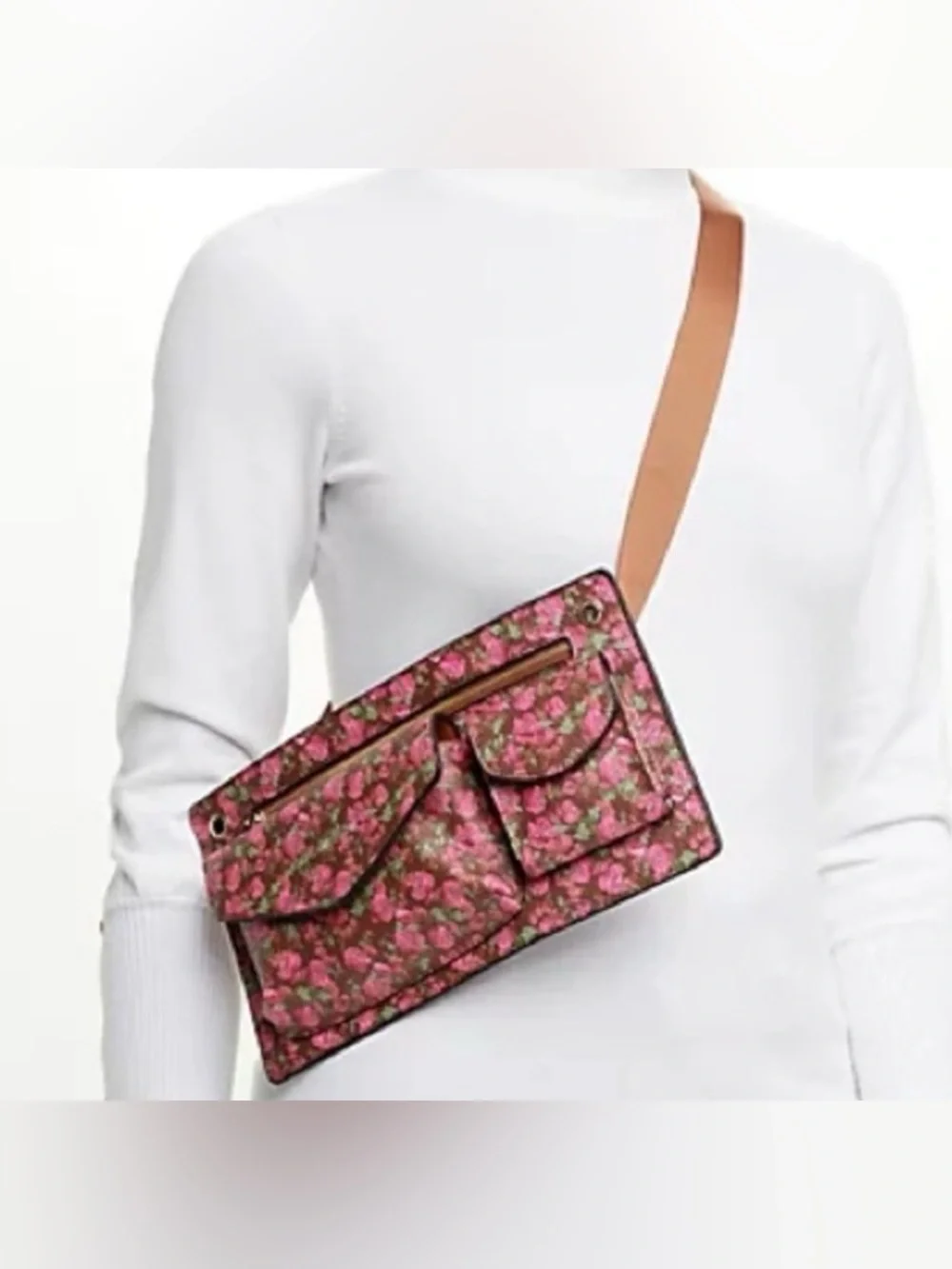 Isaac Mizrahi Brown Tote with Pink Floral Front Pockets